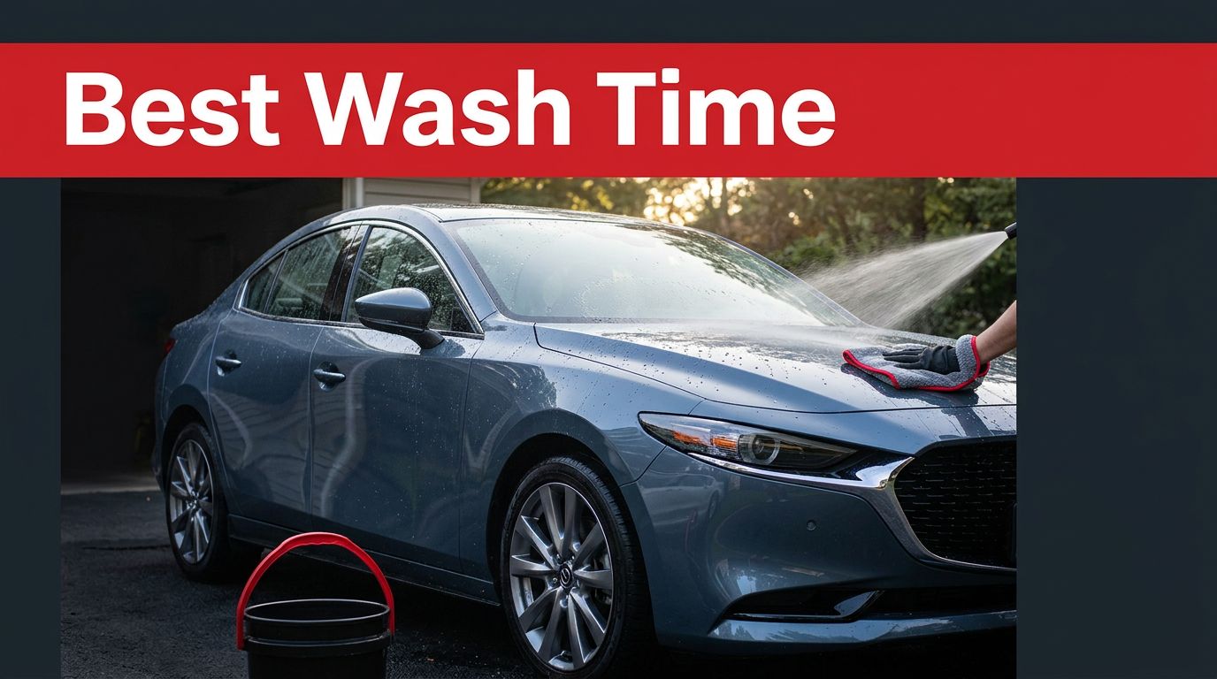 A dark sedan being hand-washed with water spray in a shaded driveway.