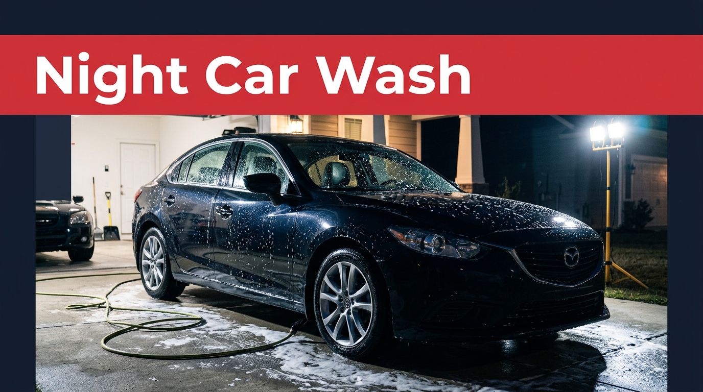 A dark sedan being washed with soap and water in a brightly lit driveway at night.