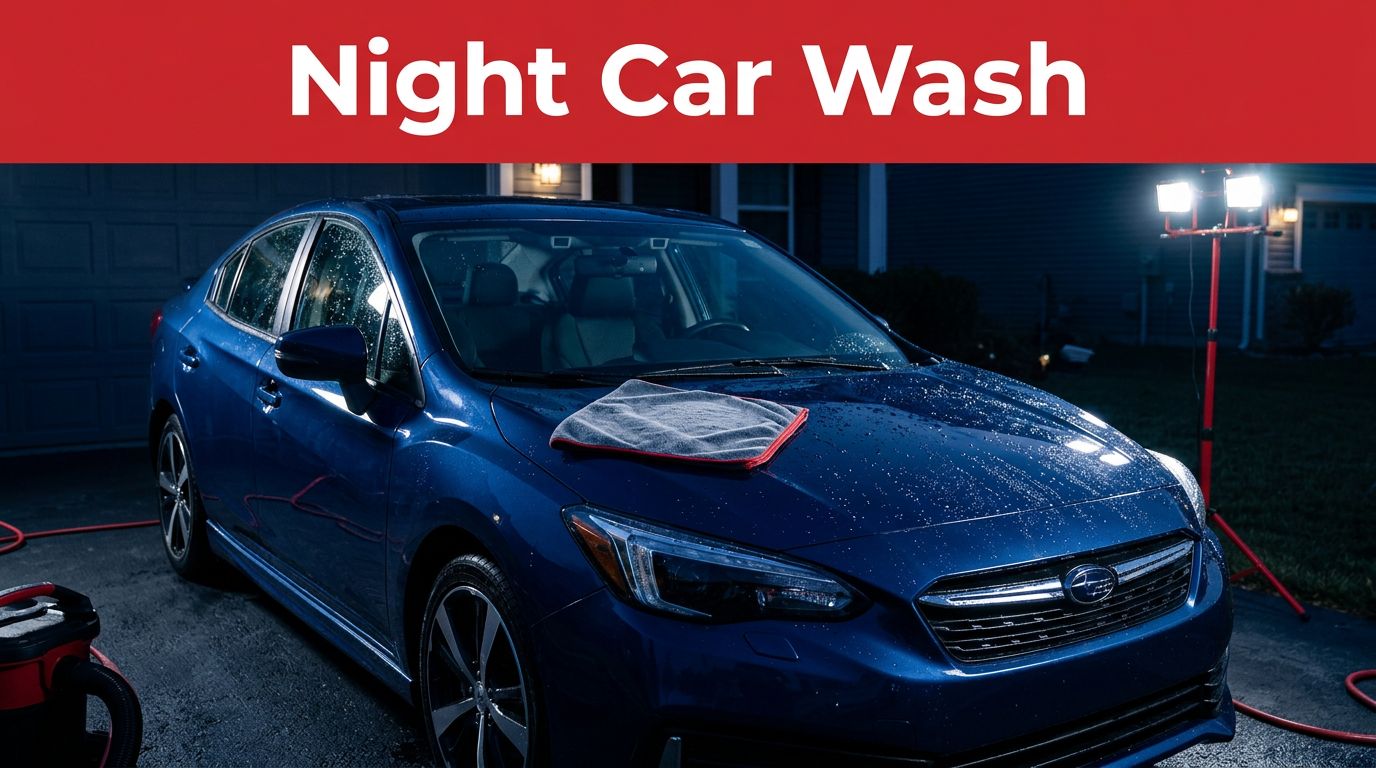 A dark blue sedan being washed at night under bright portable work lights in a residential driveway.