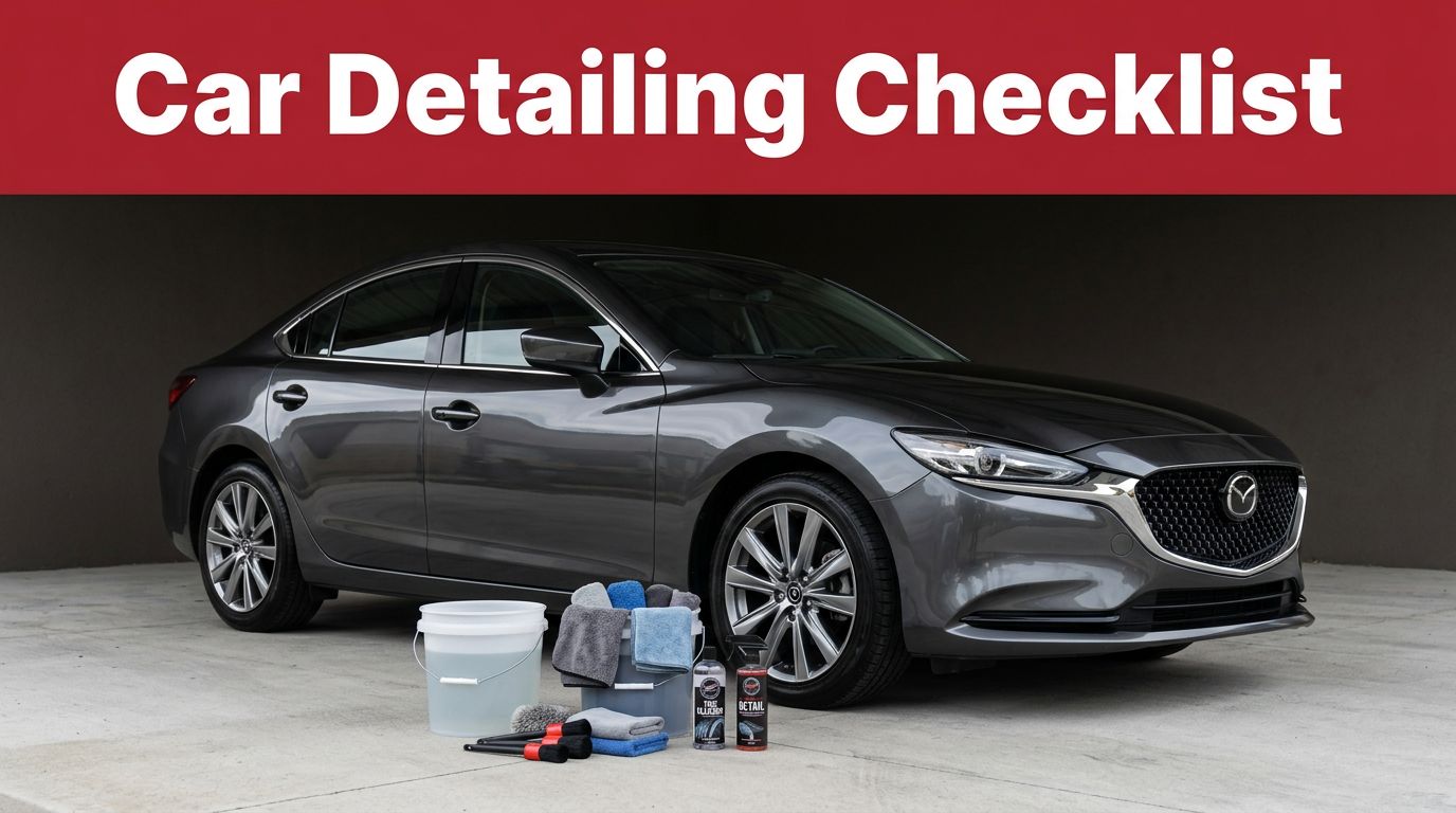 A dark sedan parked next to organized car washing supplies on a concrete floor.
