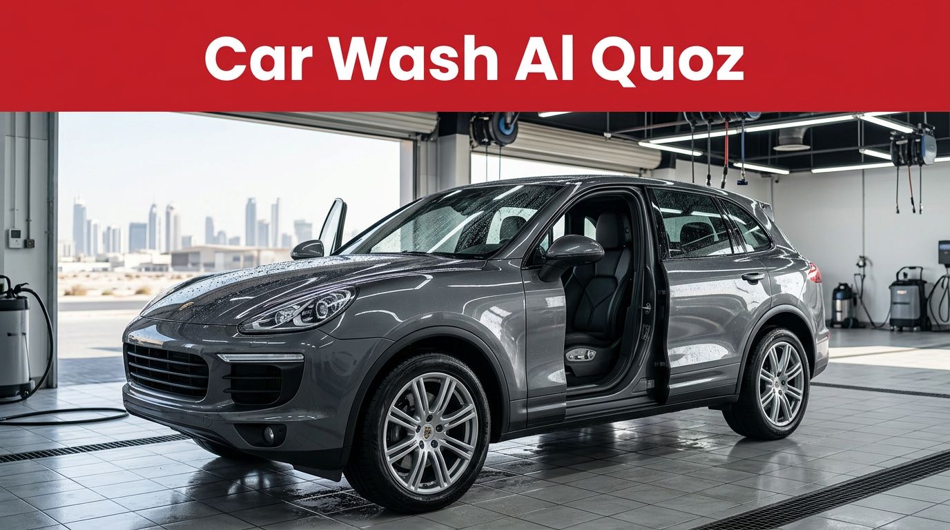 A spotless modern SUV being washed inside a sleek Al Quoz car-care bay with a blurred Dubai skyline.