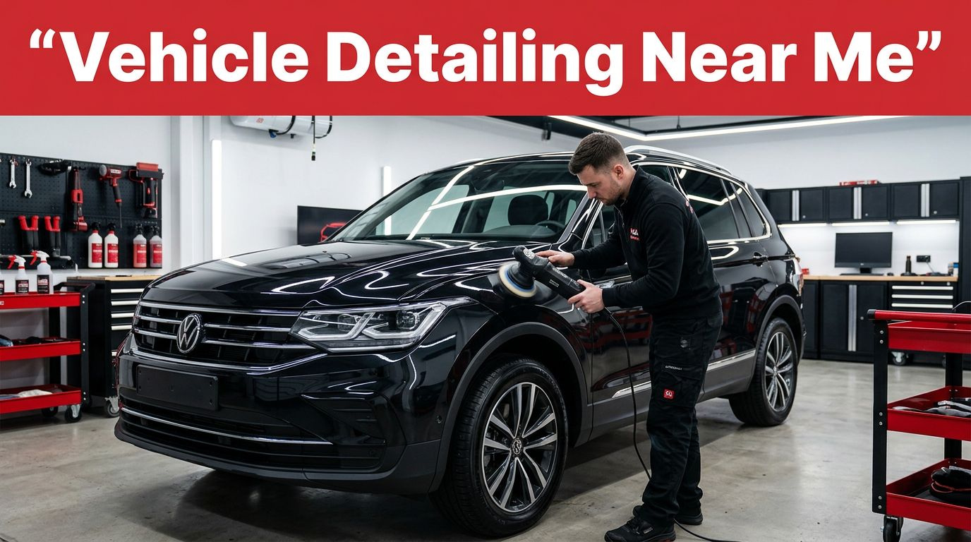 A technician polishes a dark SUV inside a bright automotive detailing bay.