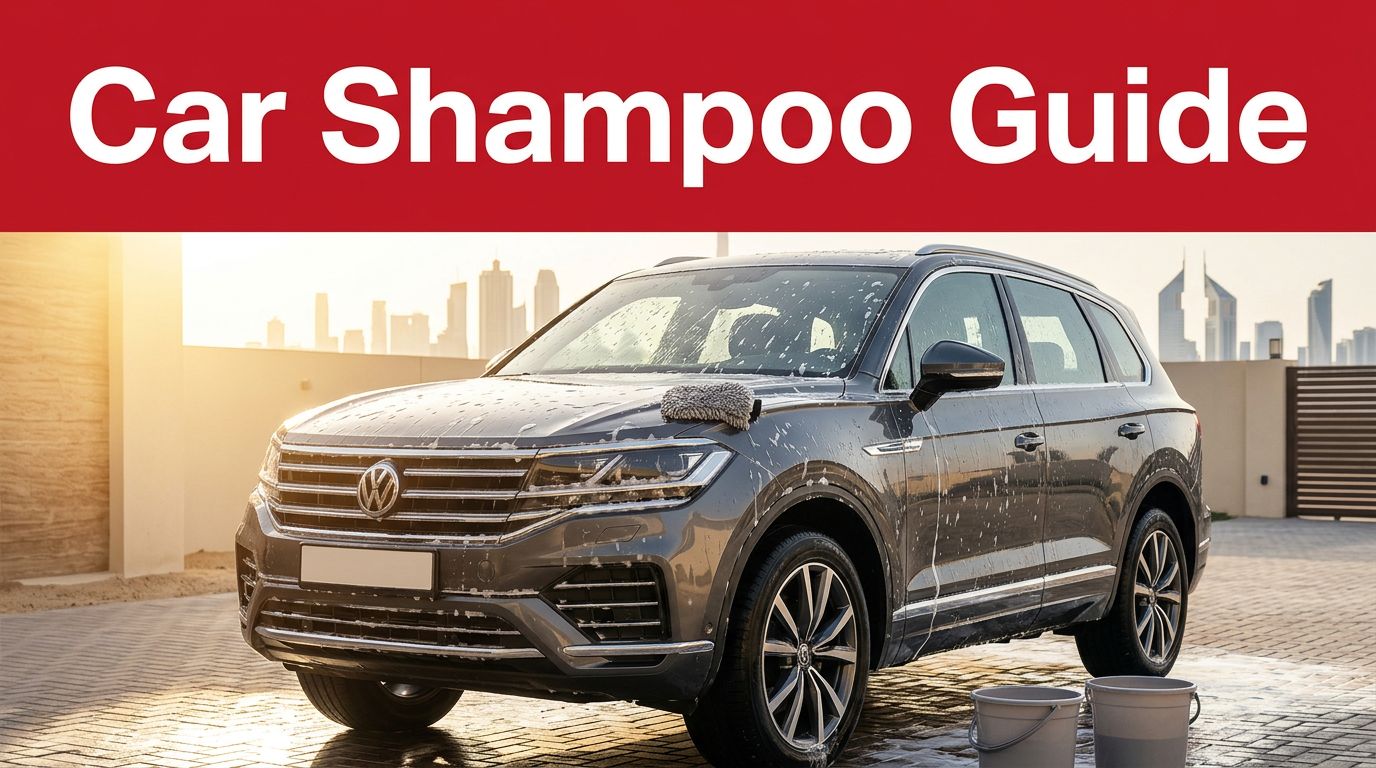 A dark SUV undergoing a rich foam wash in a sunny Dubai driveway.