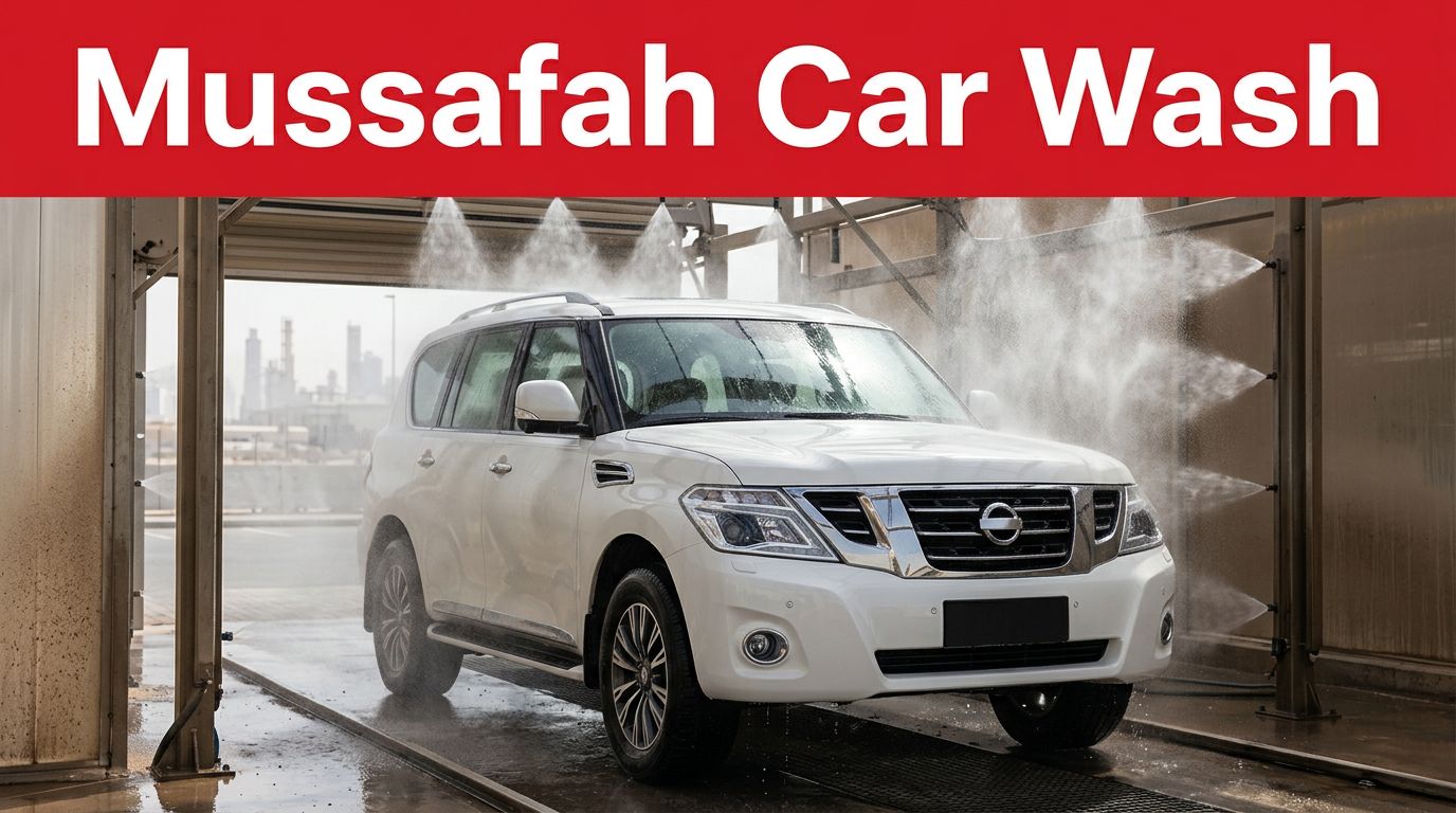 A clean white SUV parked inside a modern wash bay with water jets and industrial background.
