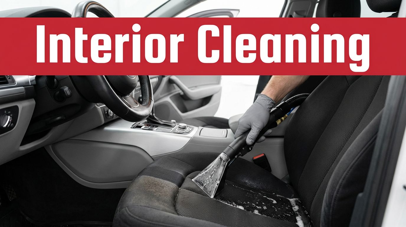 A detailer uses an extraction tool to clean a car seat.