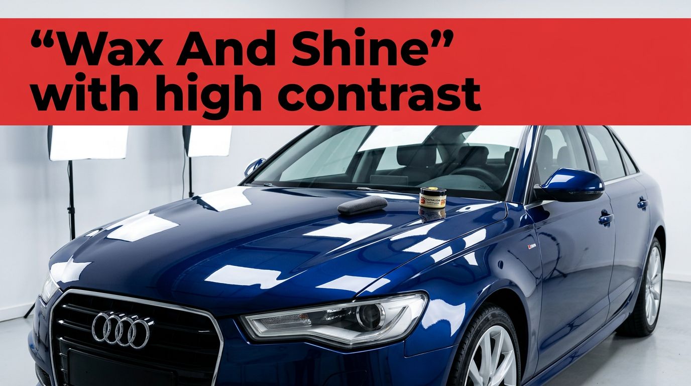 A glossy dark blue car parked in a bright studio with softbox lights reflecting on the hood.