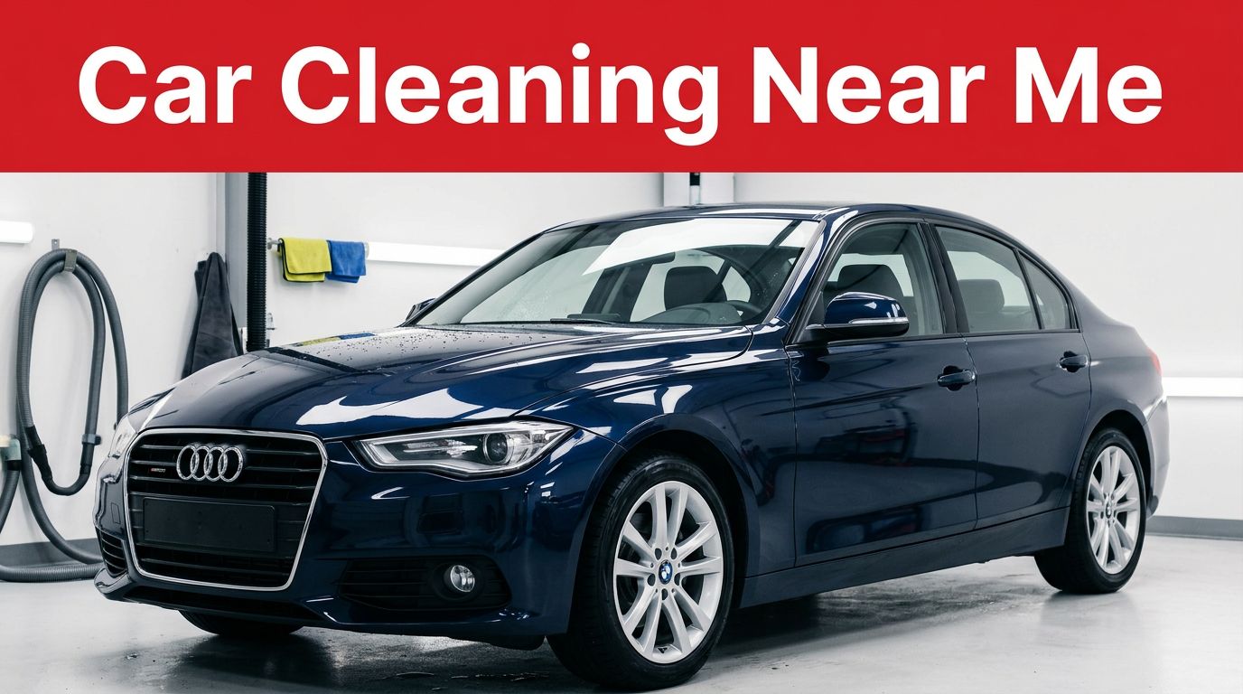 A gleaming dark blue sedan parked inside a modern auto detailing facility.