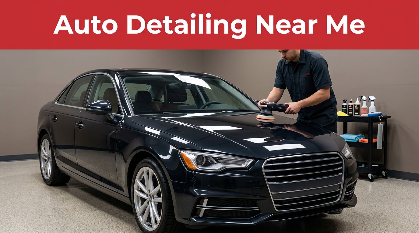A dark sedan being polished inside a modern auto detailing shop with warm lighting.