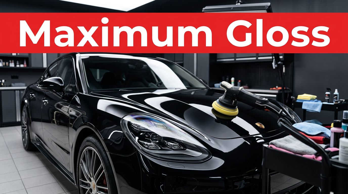 A dual-action polisher working on the glossy black hood of a car in a detailing studio.