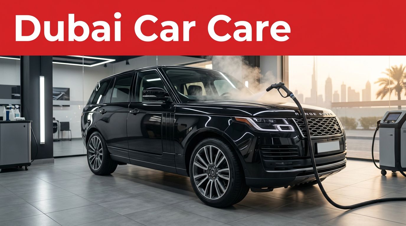 A luxury SUV getting professional steam cleaning at a Dubai detailing center.