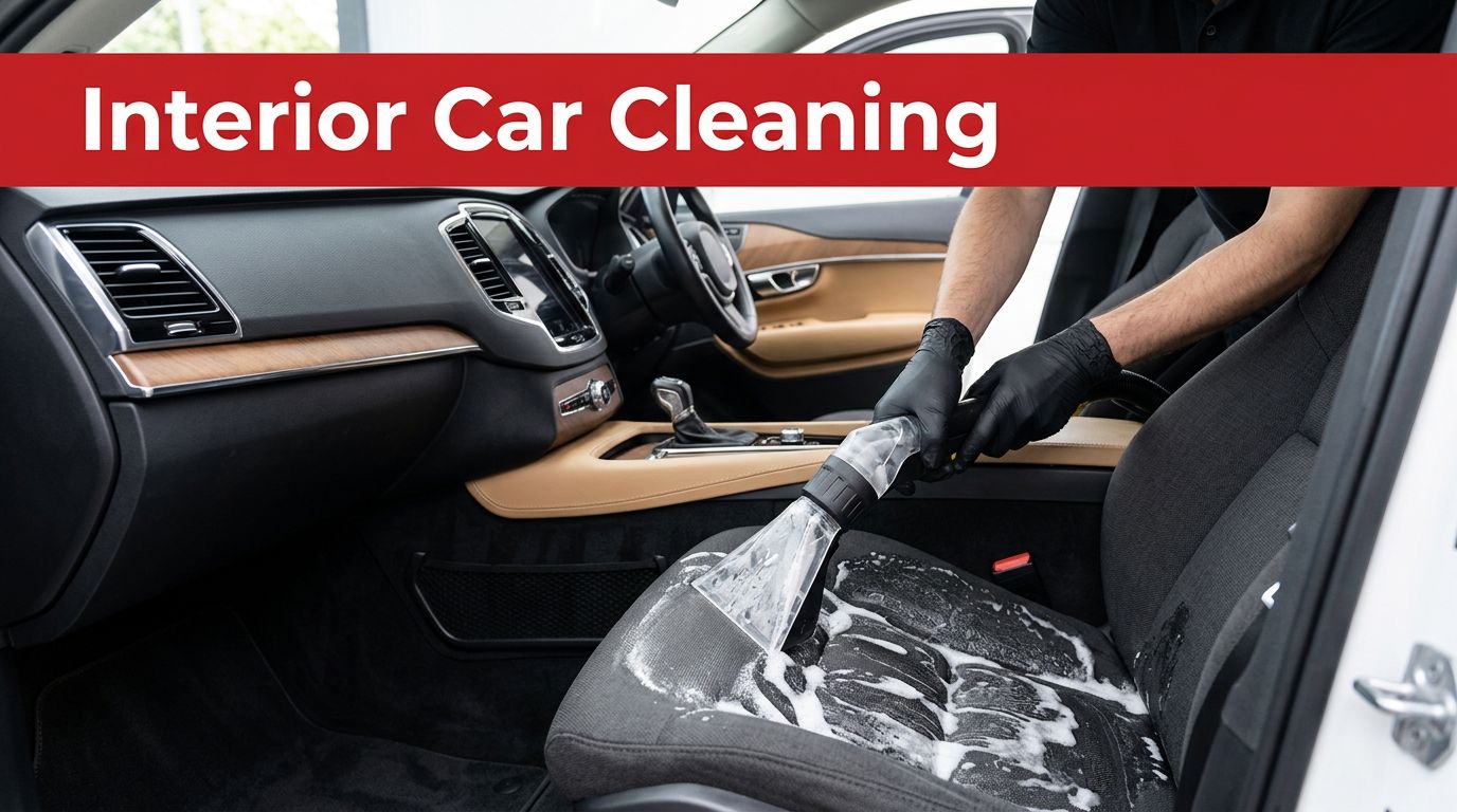 A detailer shampooing a car seat with an extraction tool inside a clean vehicle.