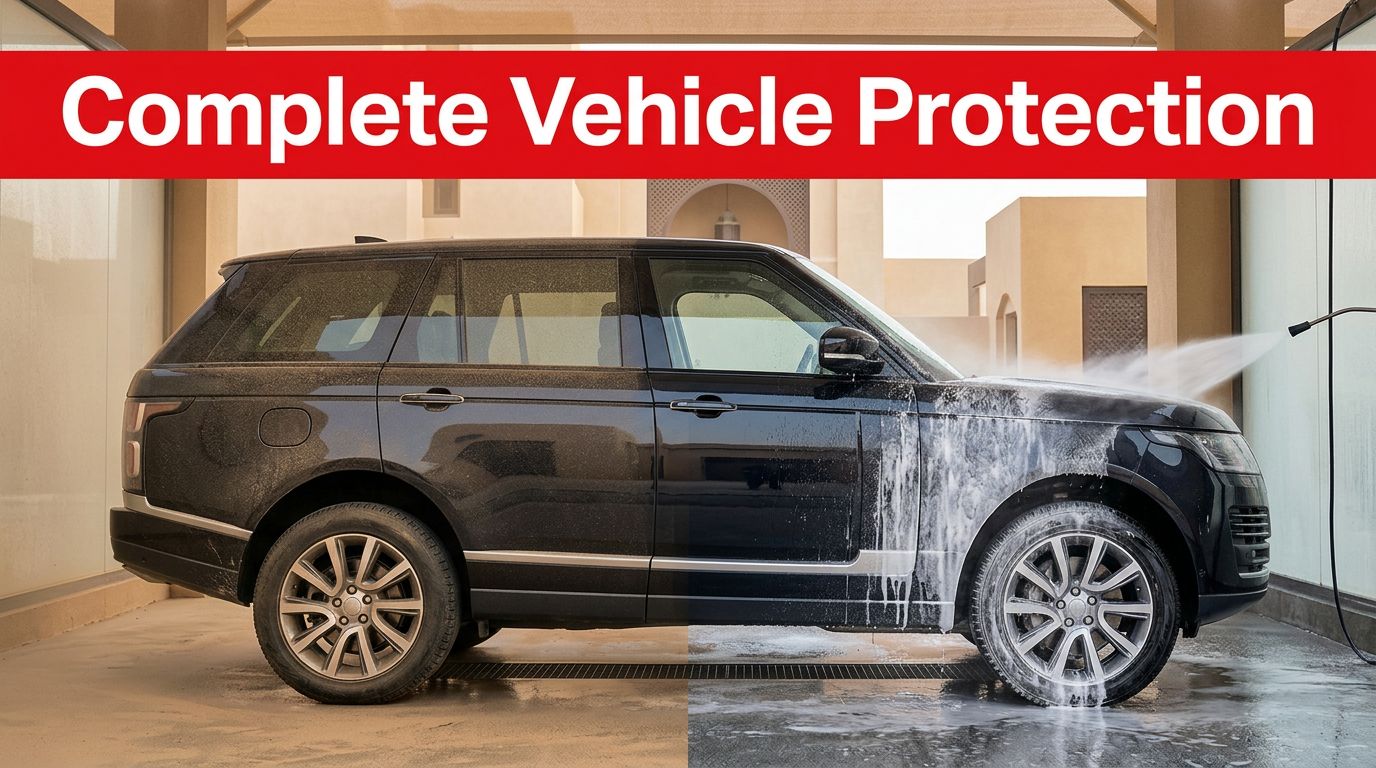 A dark SUV undergoing professional washing and foam treatment in a modern Abu Dhabi facility.
