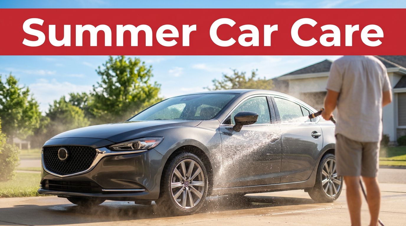 A clean car being rinsed with sparkling water in a sunny driveway.
