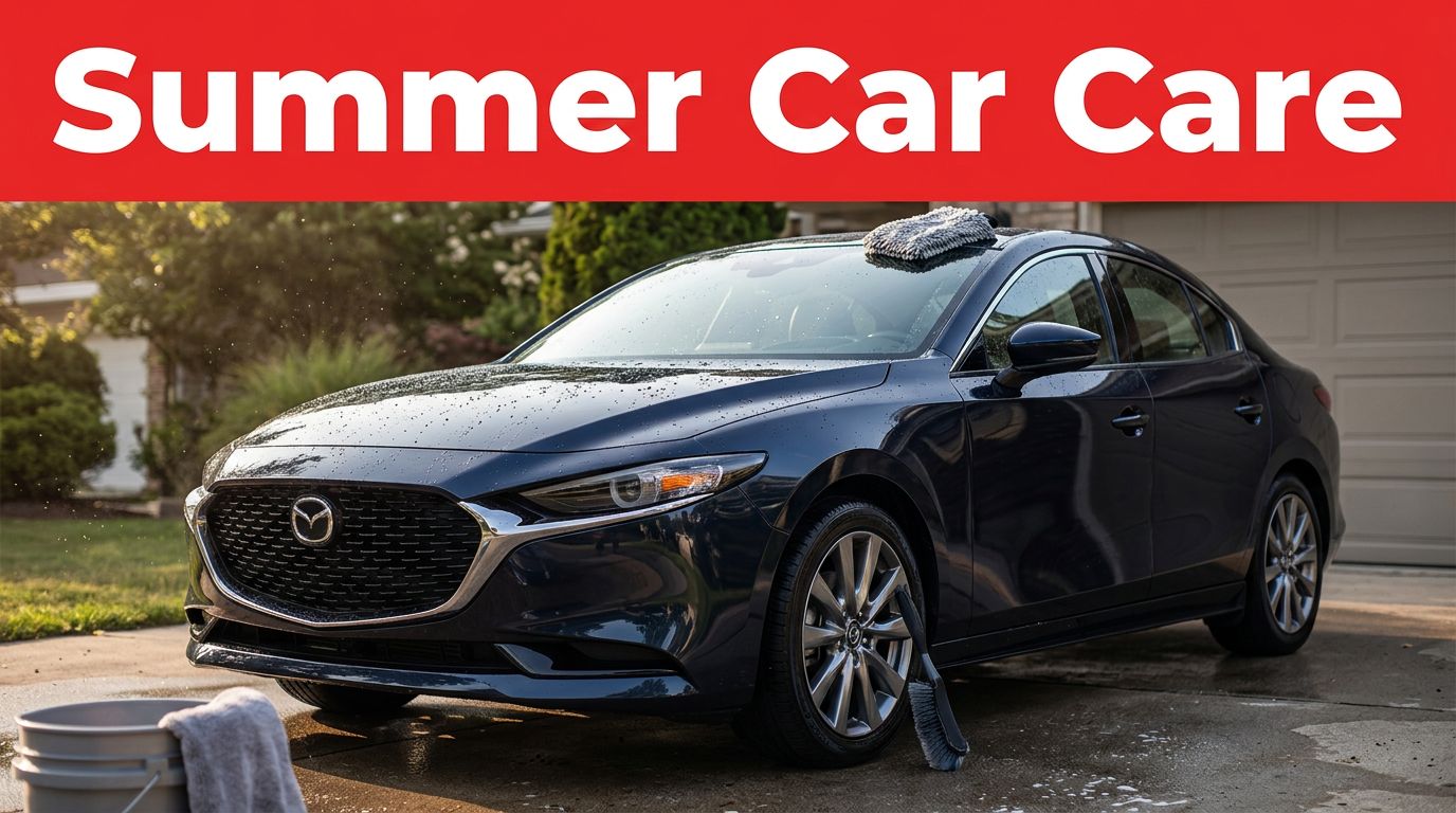 A dark sedan being hand-washed in a driveway with clean towels nearby.