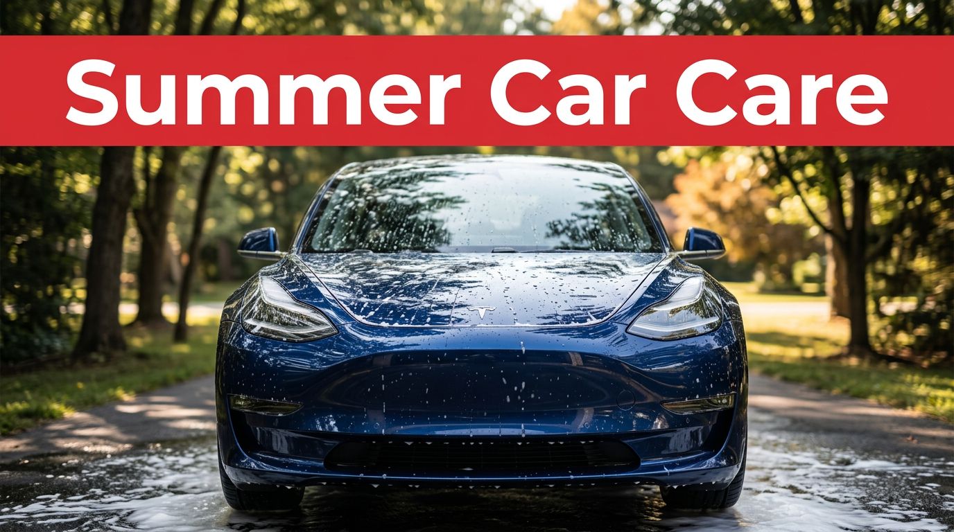 A dark blue car covered in foam and water droplets during a driveway wash.