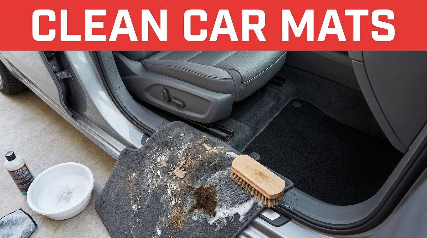 A scrub brush cleans tough stains on a dirty car floor mat next to an open door.