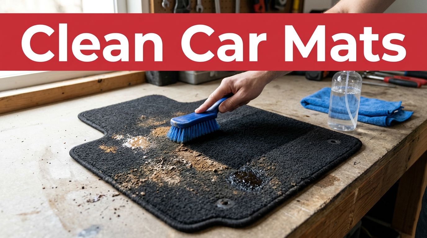 A scrub brush and spray bottle cleaning mud and coffee stains on a car mat.