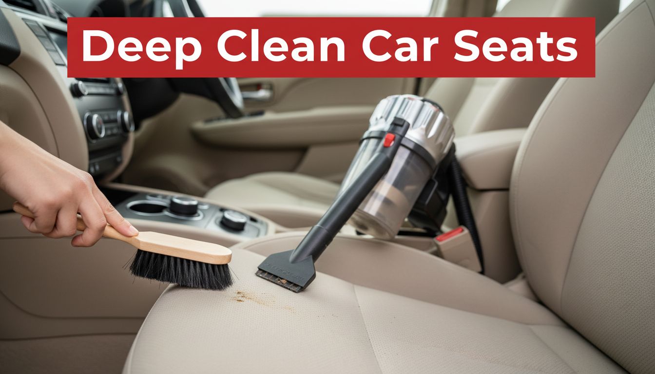 A soft brush scrubbing a car seat next to a vacuum.