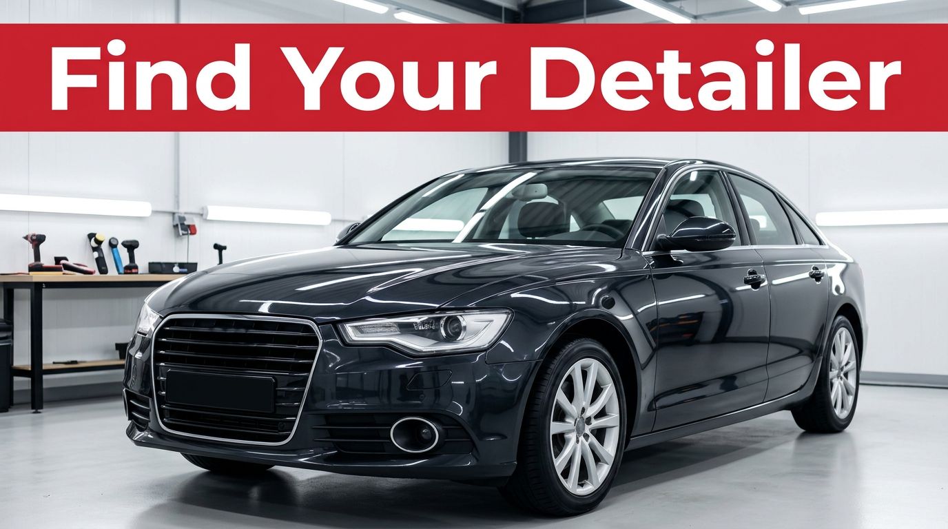 A shiny dark sedan parked inside a bright, clean professional auto-detailing bay.