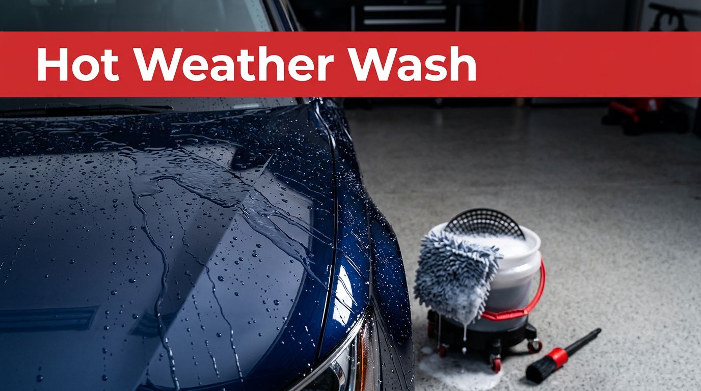Cool water streams over the glossy hood of a dark blue car during a hand wash in the shade.