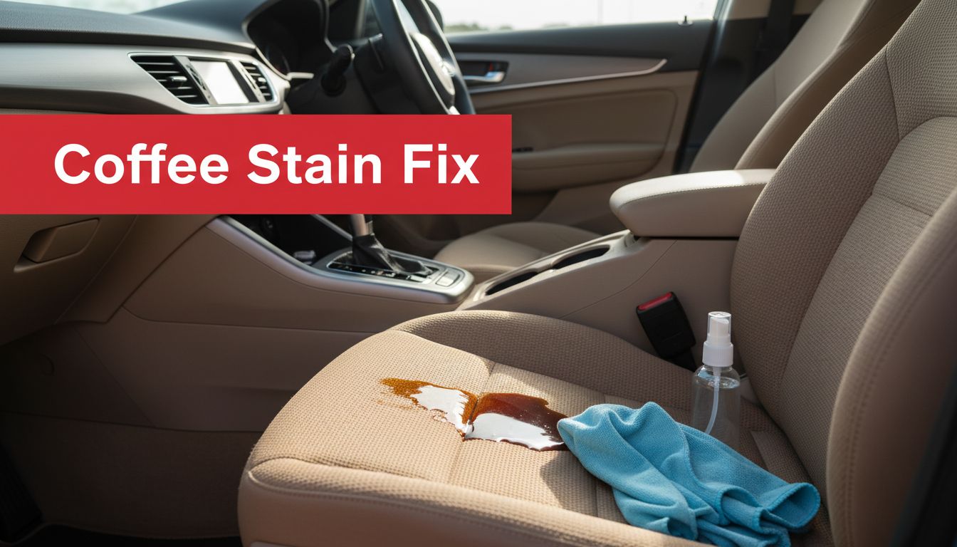A fresh coffee spill on a car seat beside a spray bottle and microfiber cloth.