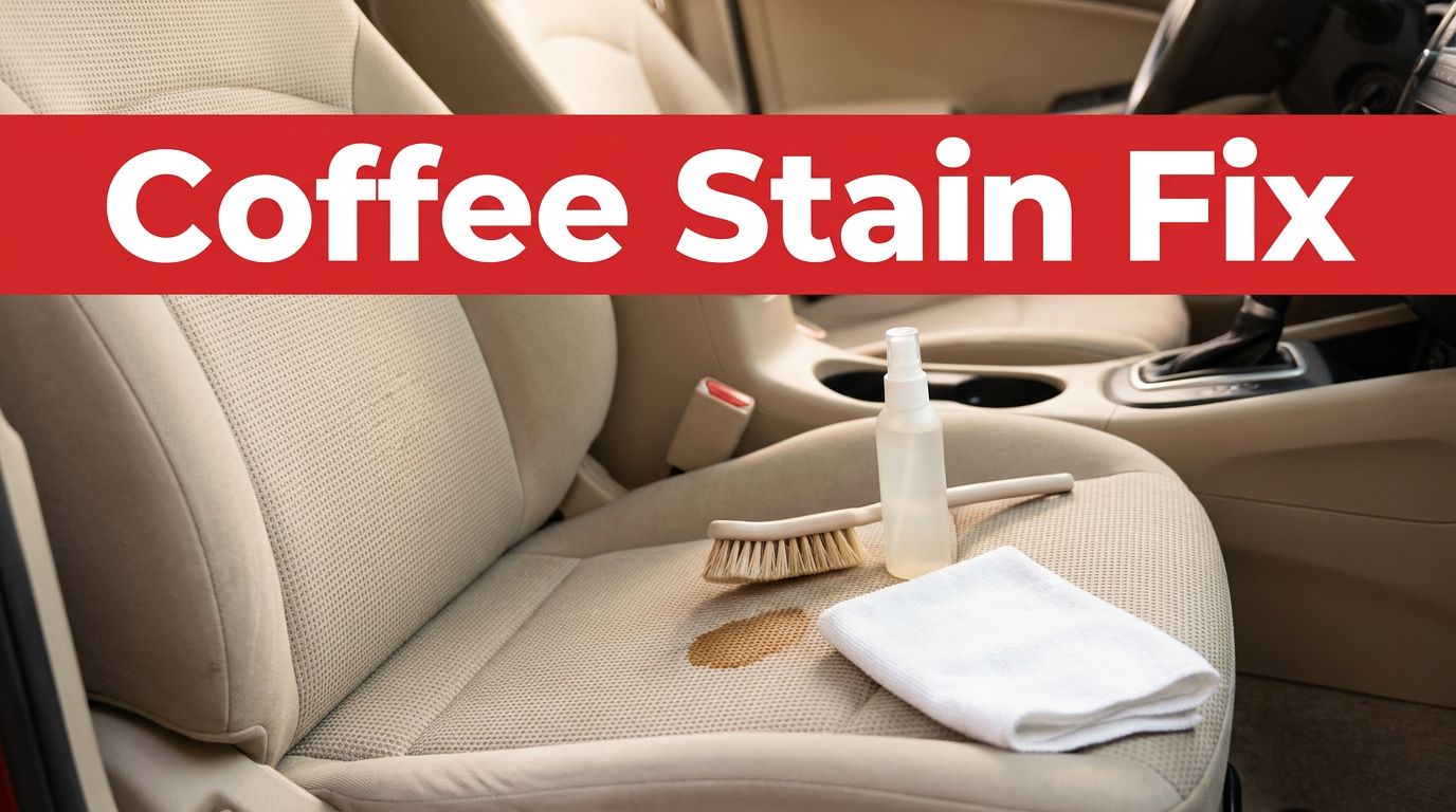 A soft brush, microfiber cloth, and spray bottle sit on a car seat next to a coffee stain.
