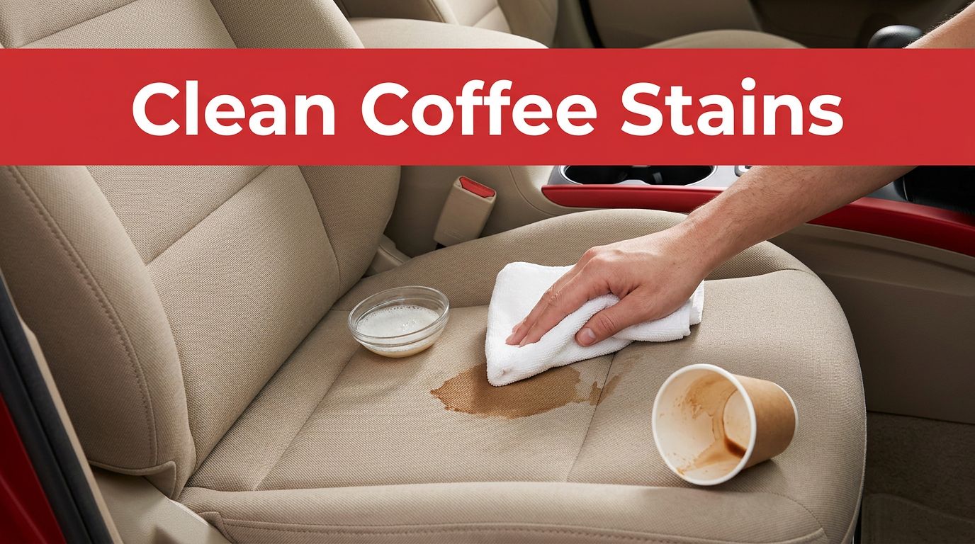 A white cloth blotting a coffee spill on a fabric car seat.