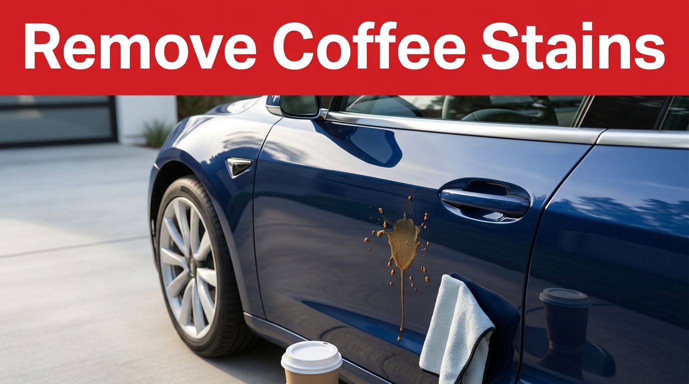 A fresh coffee spill and a microfiber cloth on a glossy dark blue car door.