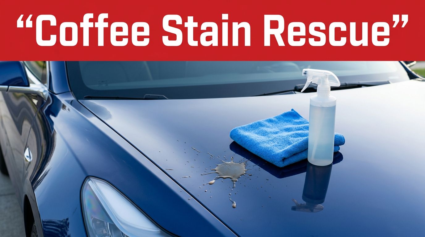 A coffee spill on a dark blue car hood next to a towel and detail spray.