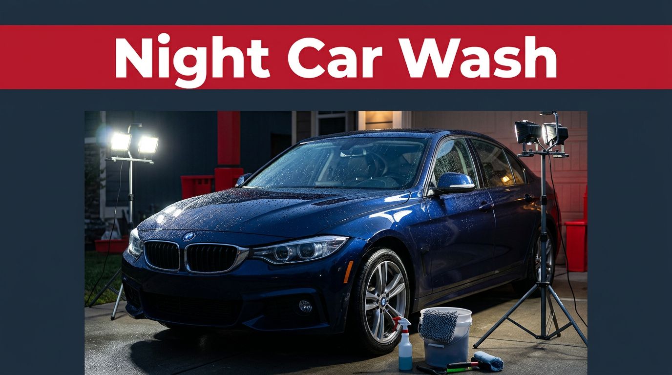 A dark blue car parked in a driveway at night under portable work lights.