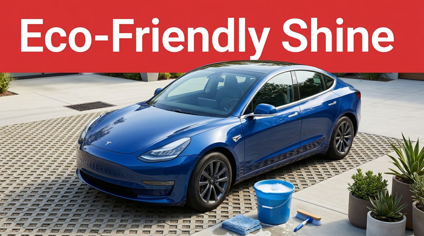 A spotless blue car parked beside a wash bucket and native plants on a permeable driveway.