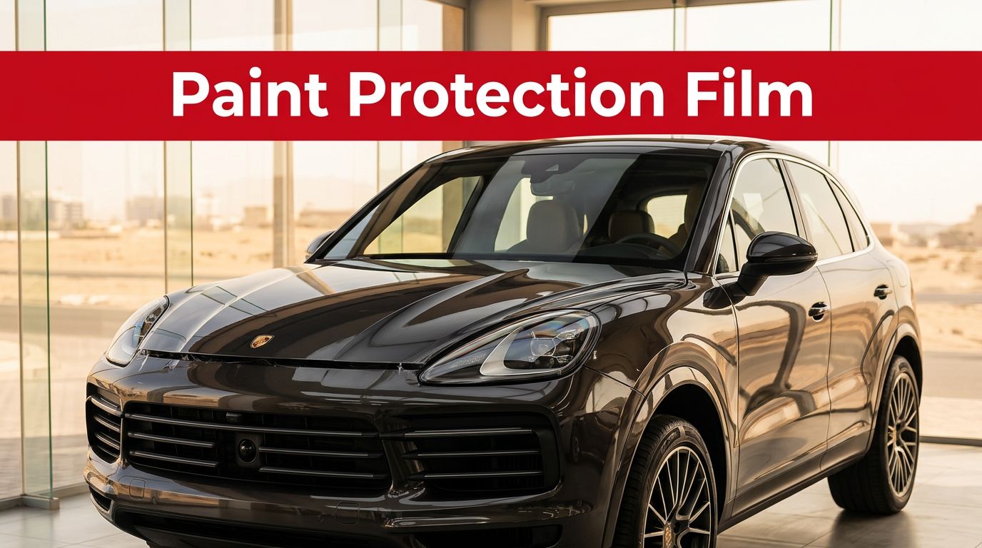 A dark luxury SUV in a Dubai studio with visible paint protection film on the hood.