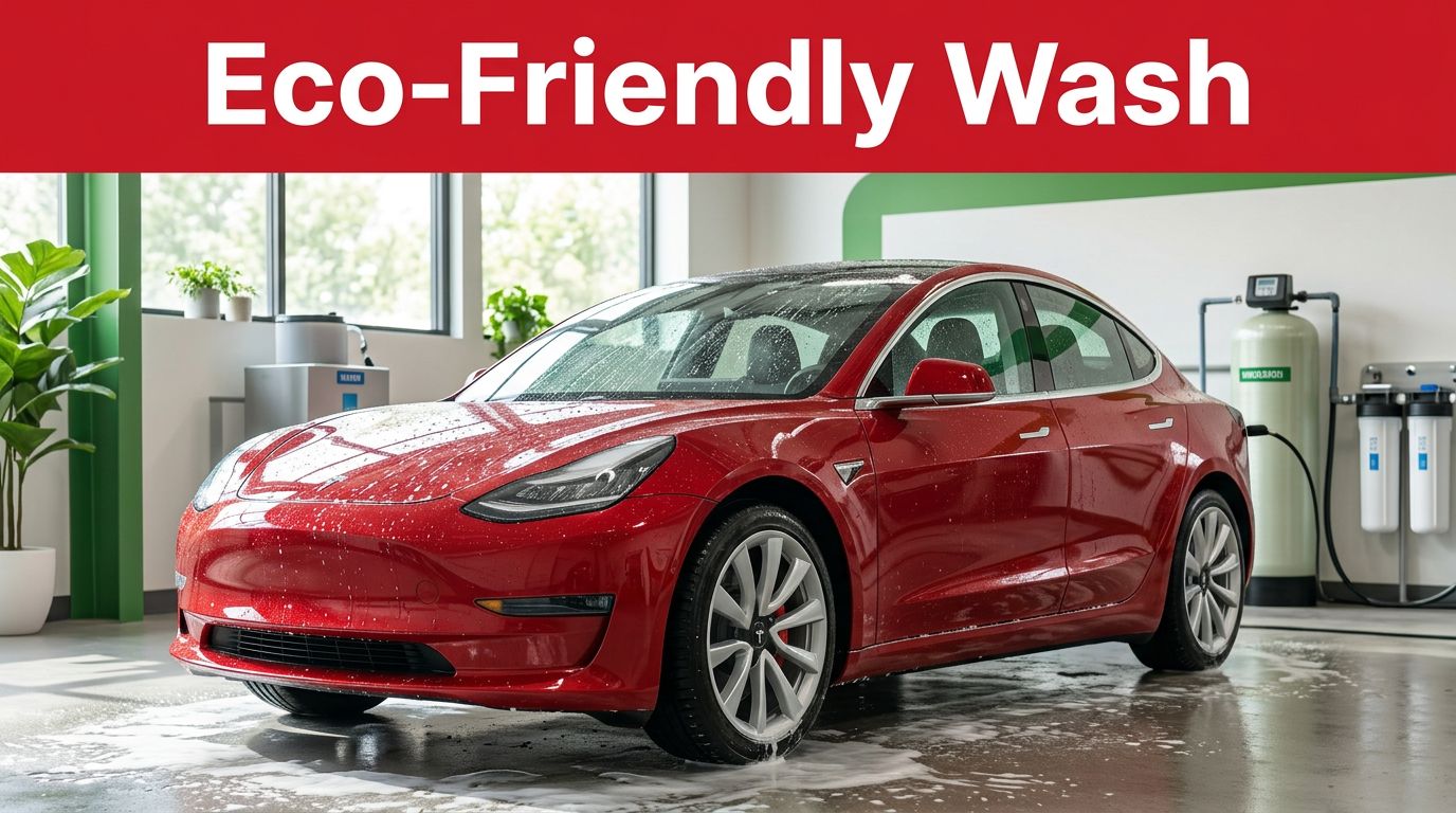 A clean modern car covered in biodegradable foam at an eco-friendly wash facility.
