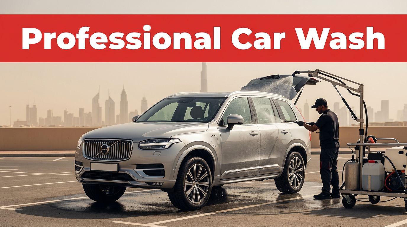 A modern SUV being washed by a mobile detailing team in Dubai.