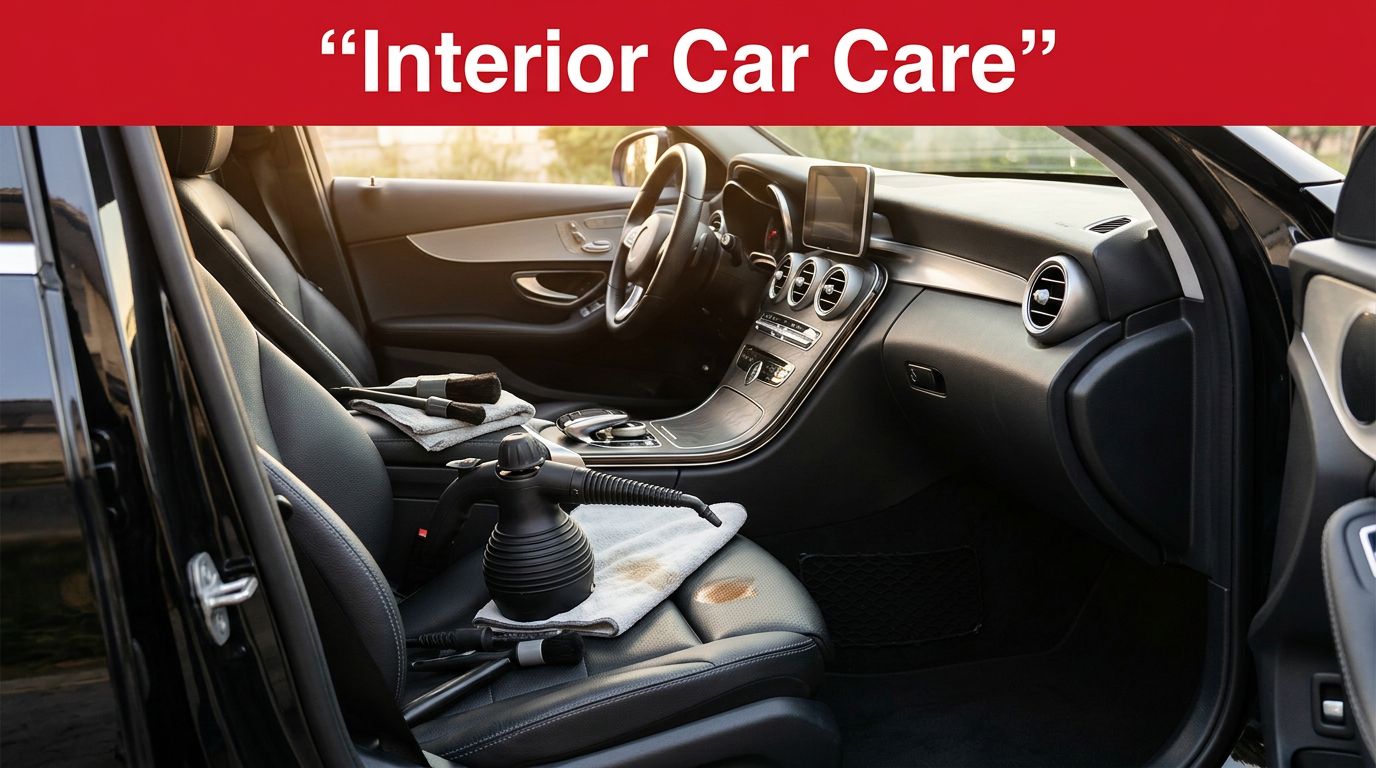 An open car door showing clean black leather seats and a dashboard.