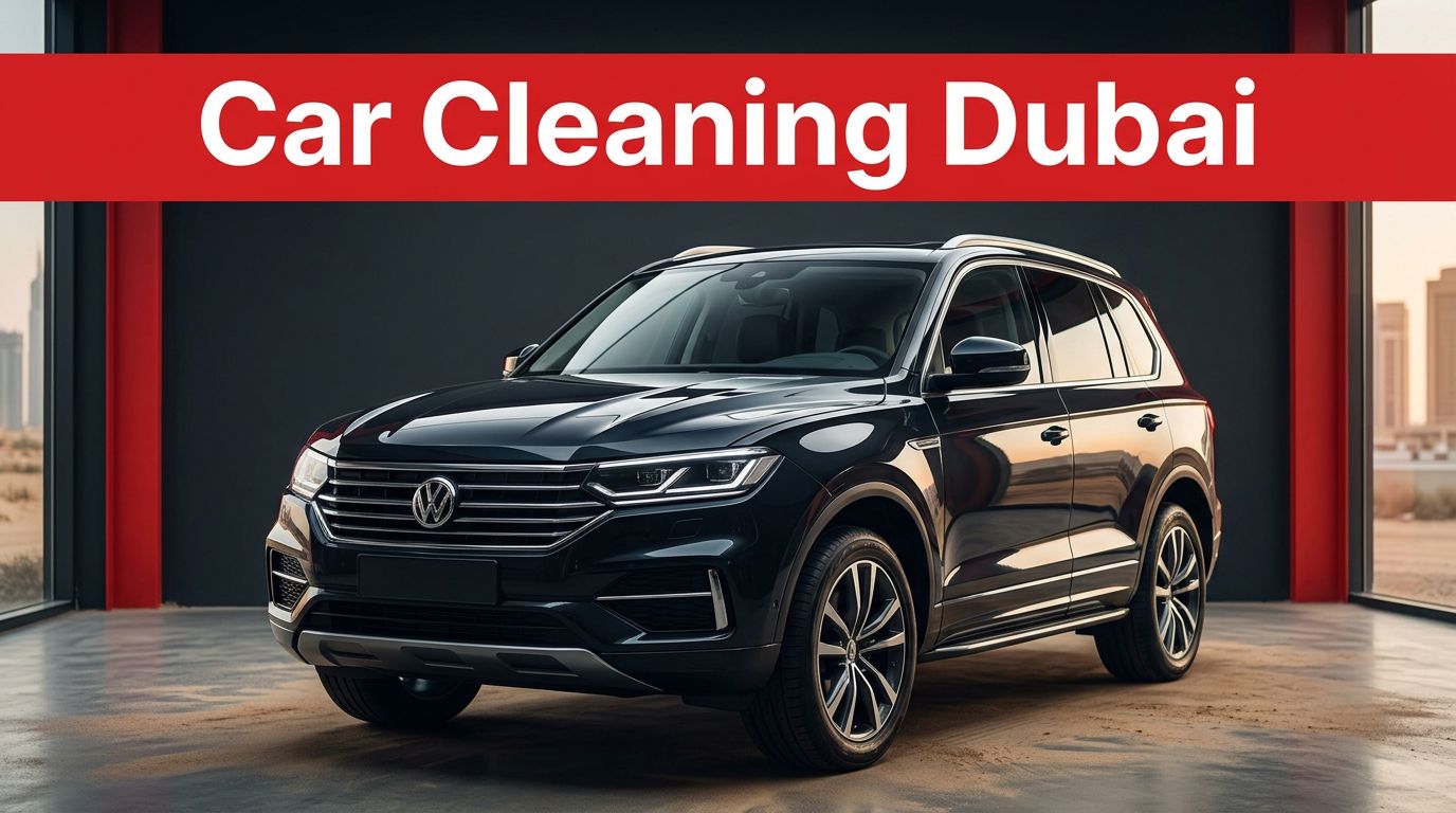 A glossy dark SUV receiving professional detailing in a sleek studio bay.