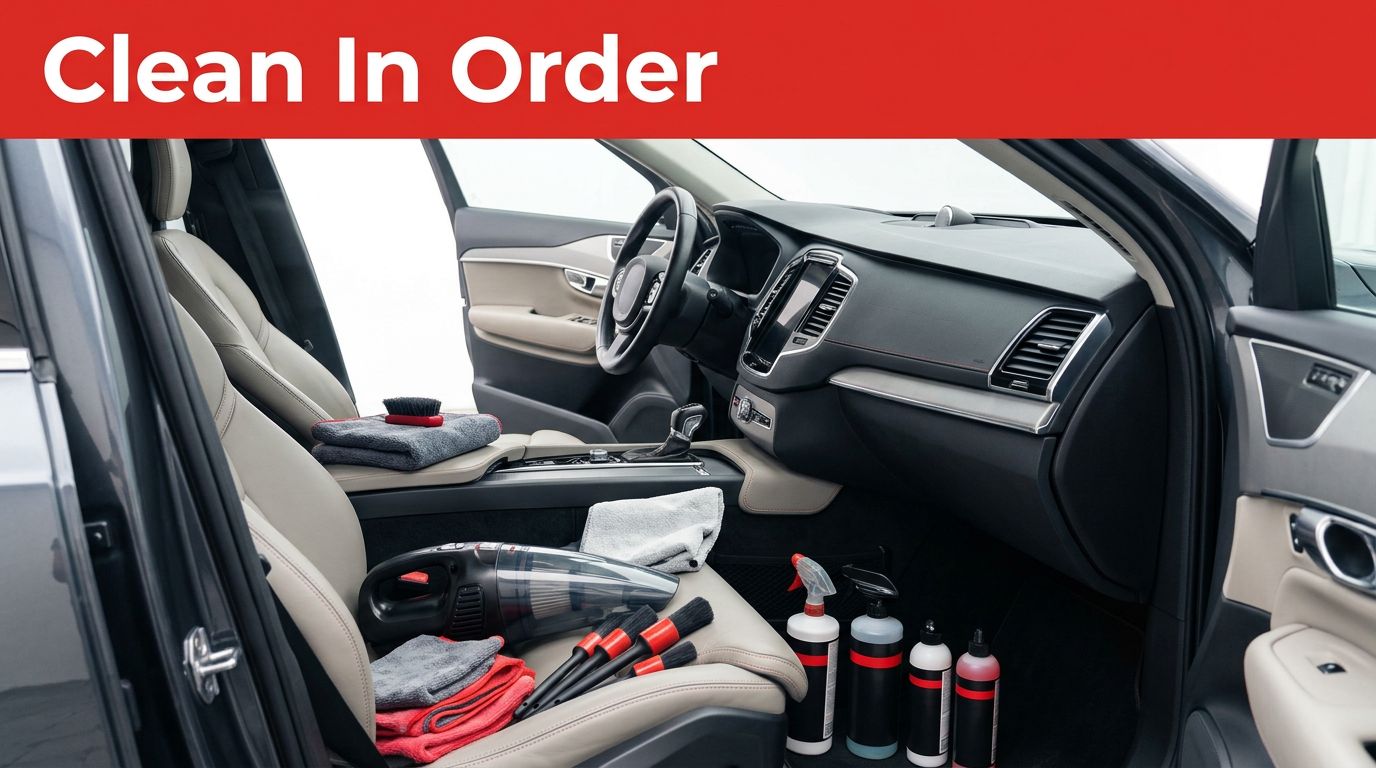 Cleaning tools and organized supplies inside a spotless modern car.