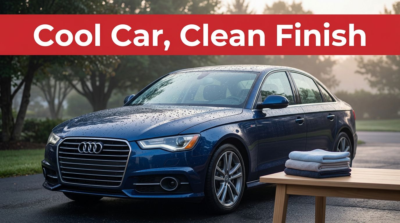 A spotless dark blue sedan in a shaded driveway with fresh water droplets.