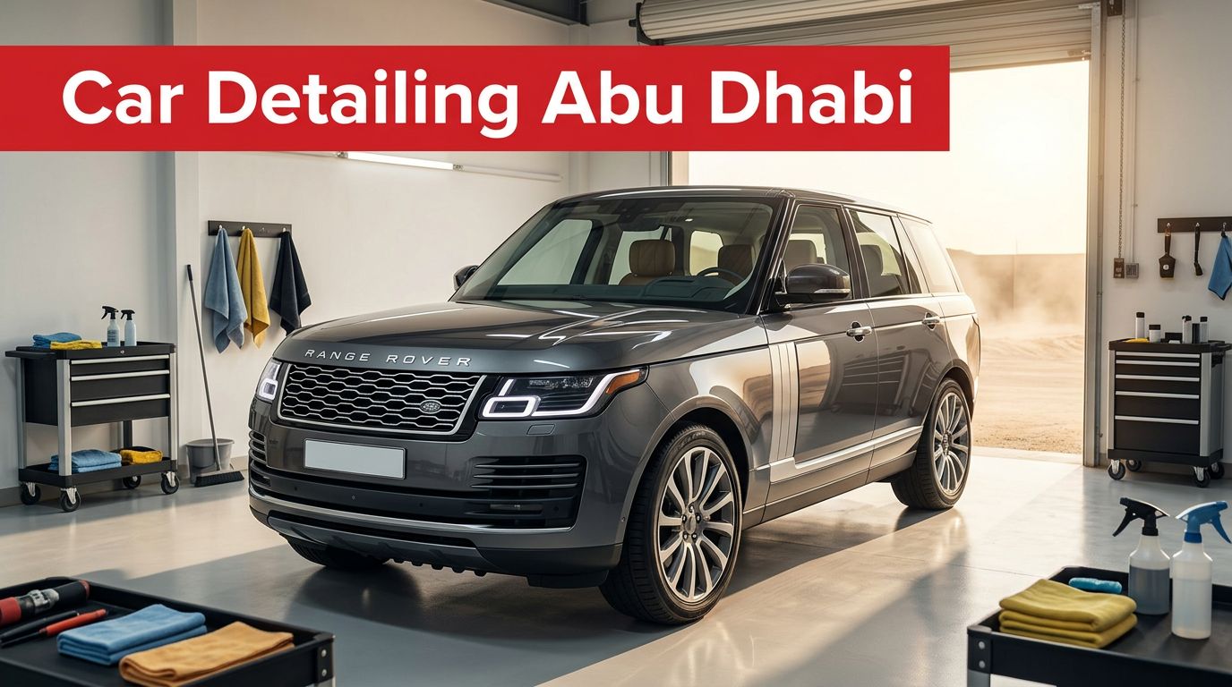 A luxury SUV getting detailed inside a bright service bay.