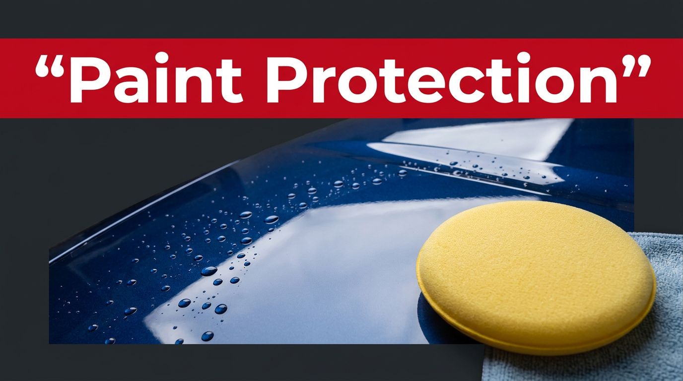 A close-up of a polished blue car hood with a wax applicator.