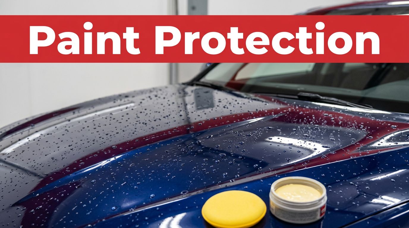 Water droplets bead on a freshly waxed dark blue car hood in a garage.