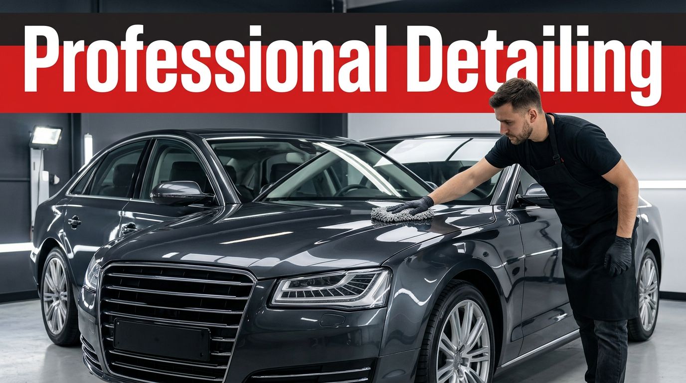 A technician hand-washes a luxury sedan inside a dark, professionally lit detailing studio.
