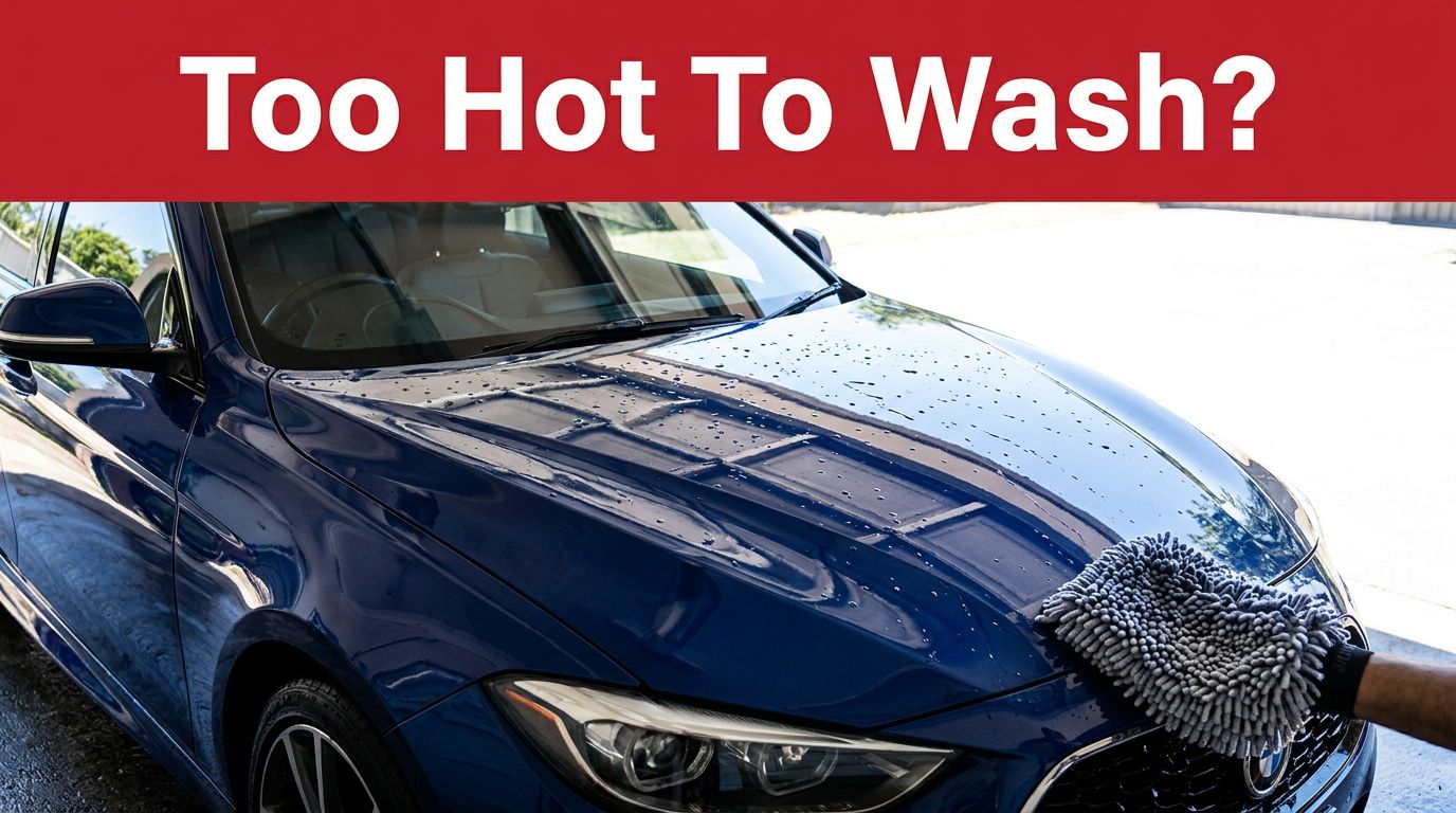 A glossy dark car parked in a shaded driveway with water droplets on its hood.