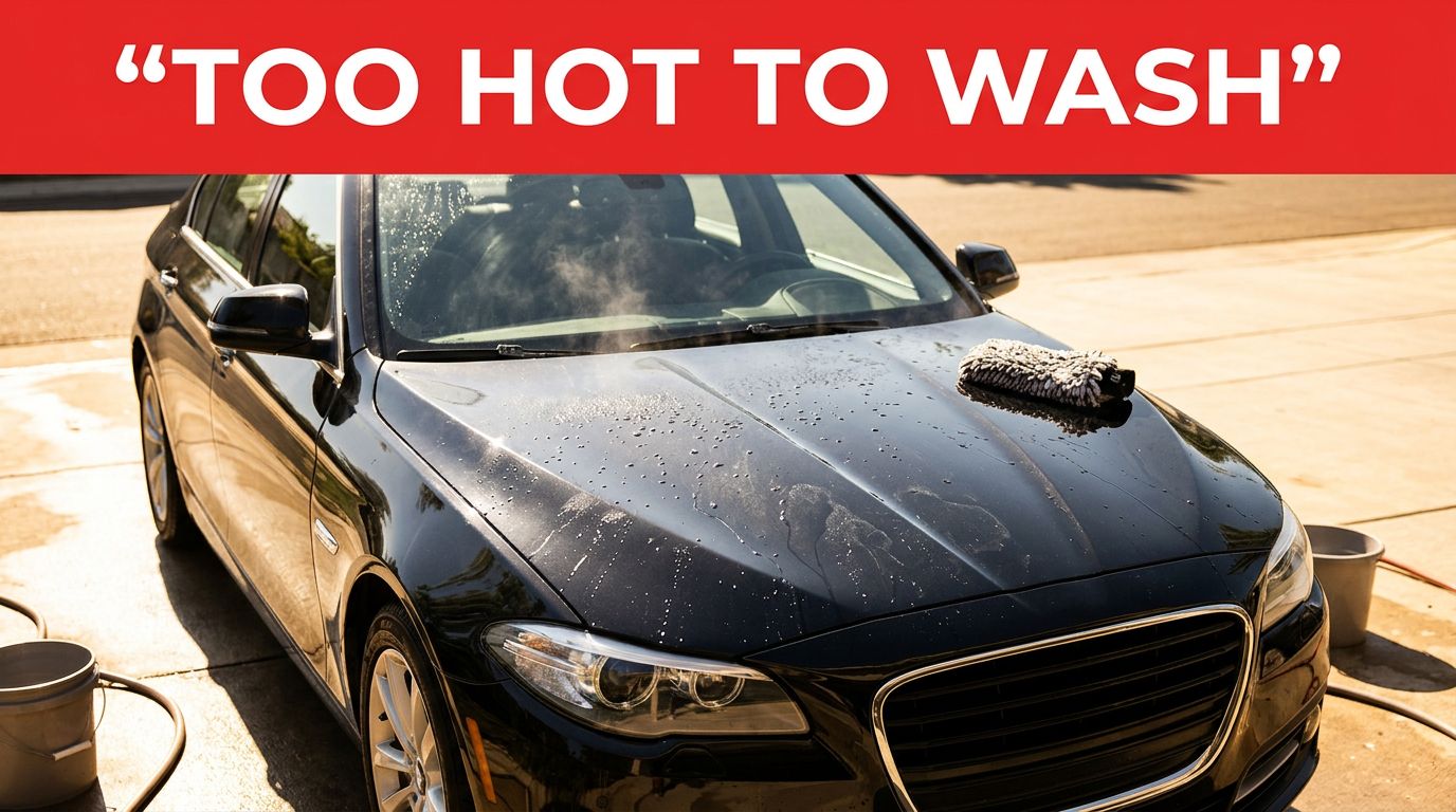 A dark sedan being washed under harsh midday sun with water evaporating on the hot hood.
