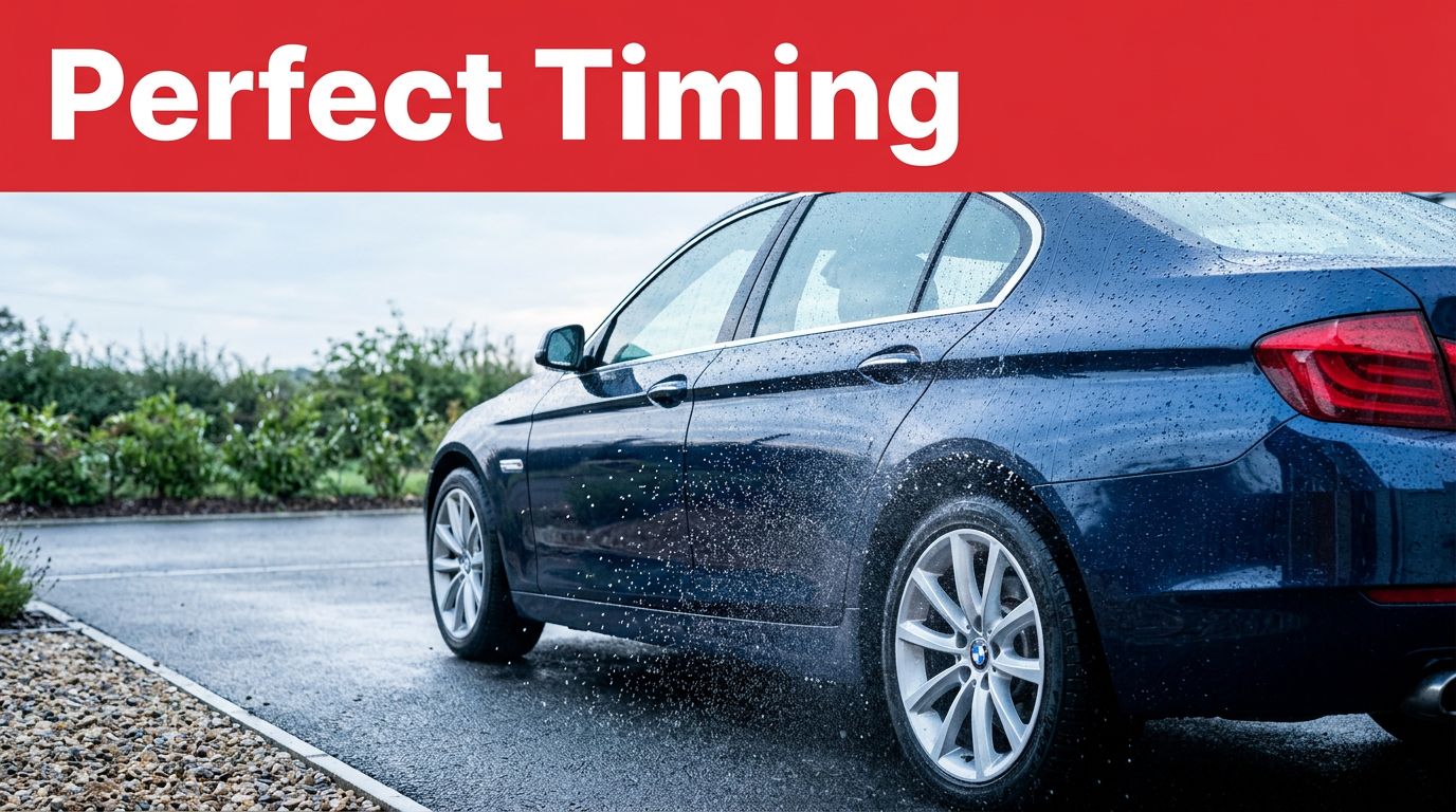 A gleaming dark blue car covered in water droplets on a clean driveway.