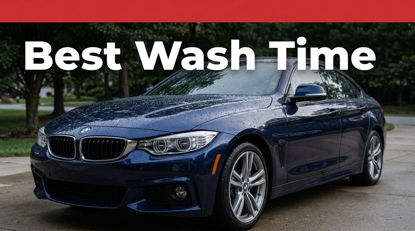 A dark blue car with glossy paint and water beads being washed in the shade.