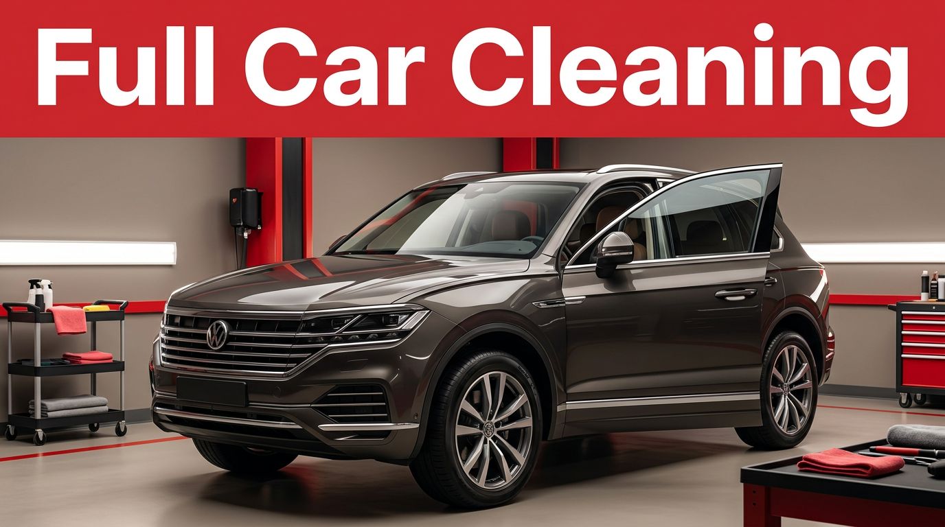 A spotless dark SUV parked inside a professional detailing bay with crisp studio lighting.