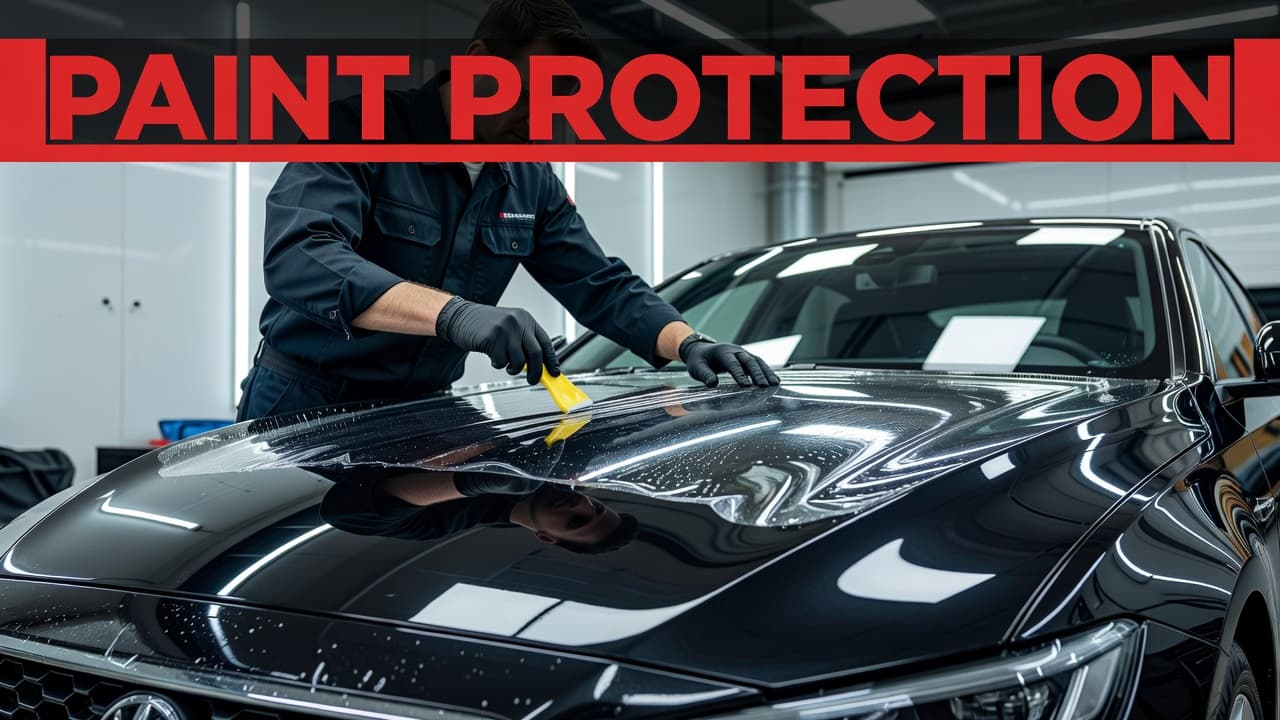 A close up view of a person applying protective film to a shiny car hood.