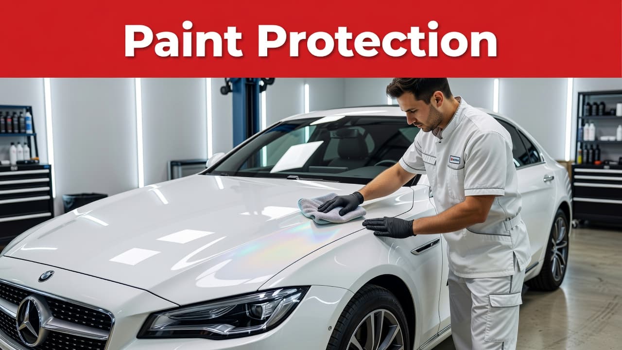 A technician applying protective coating to a white car in a bright workshop.