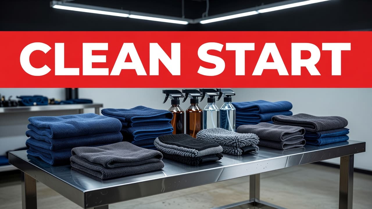 A clean workbench displaying microfiber towels, spray bottles, and a wash mitt.